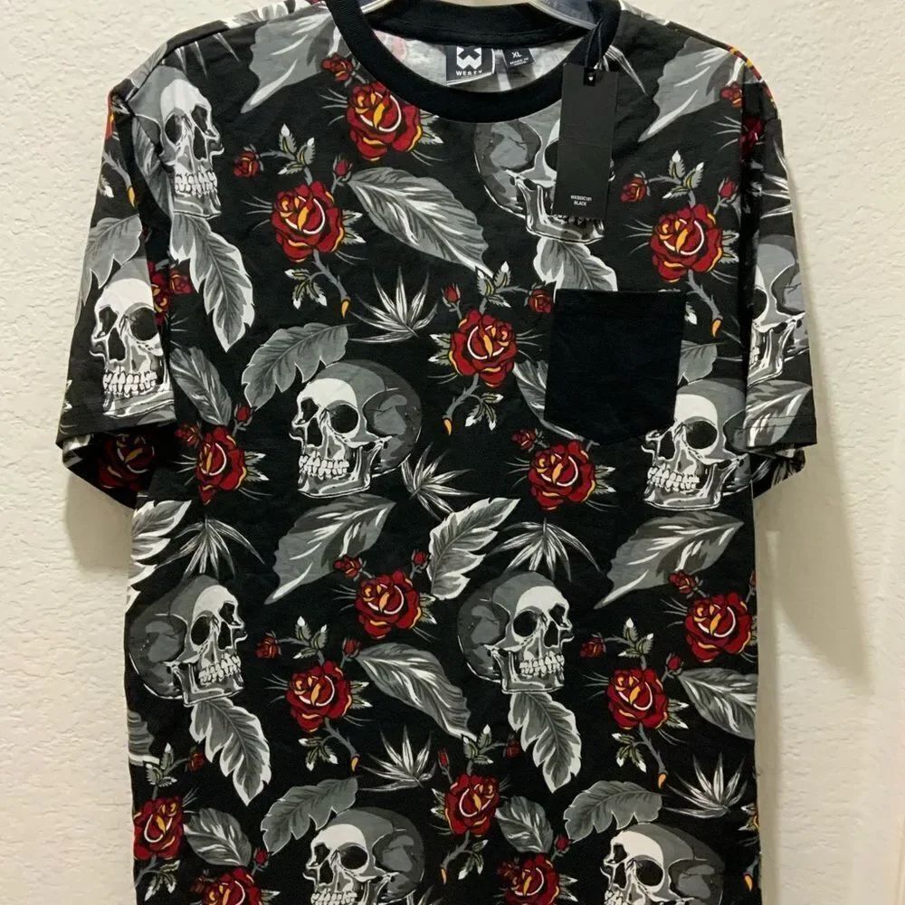Mens Westy Black Skull And Roses Pocket T-shirt X Large NWT